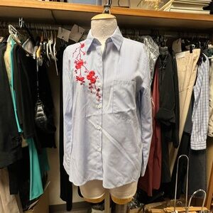 Striped Button-Up Shirt with Red Floral Embroidery